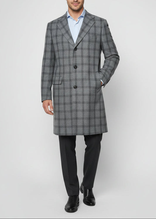 Kiton Windowpane Wool Button Down Overcoat