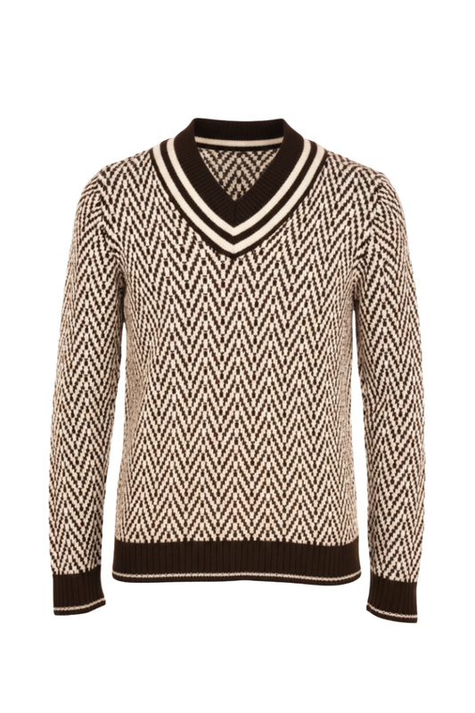 Fedeli Herringbone Virgin Wool V-Neck Knit Sweater