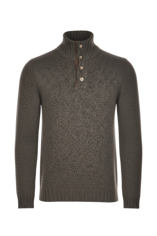 Fedeli Wool-Cashmere Marled Turtleneck Knit Quarter Button Up Sweater