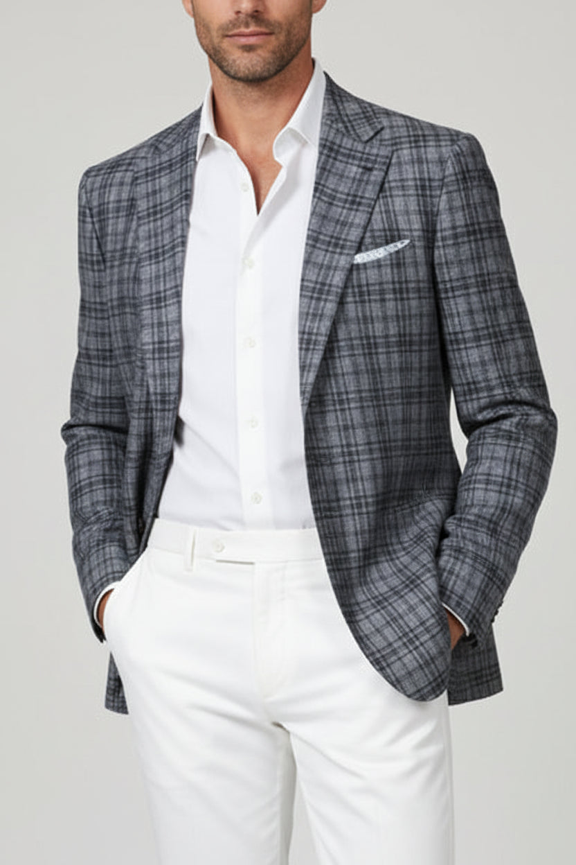 Kiton Plaid Wool-Silk-Linen Sport Jacket